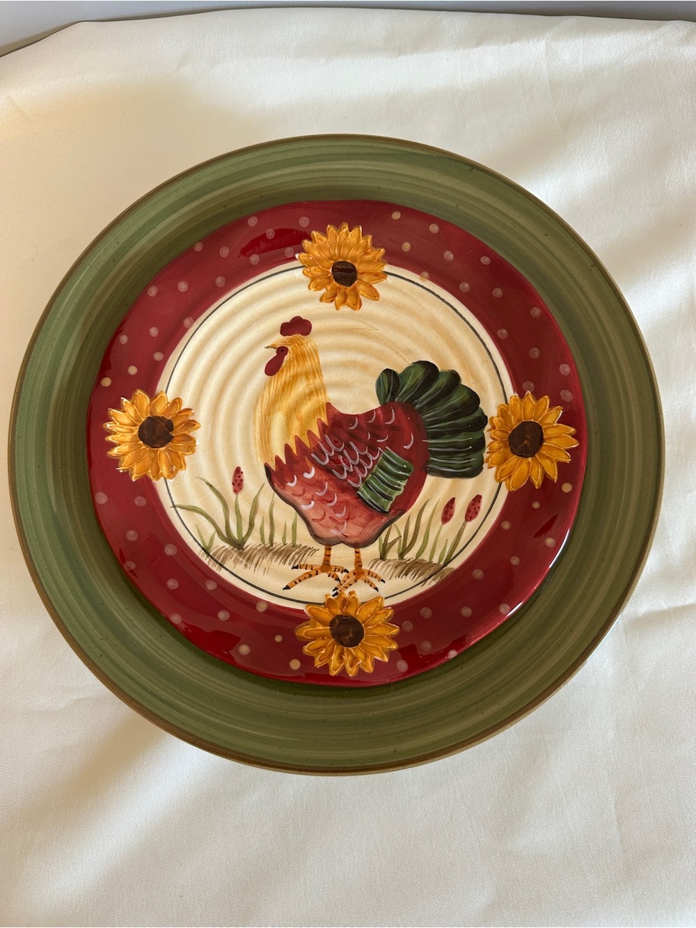 Garden Flowers Glass Art Rooster Sage Green Country
